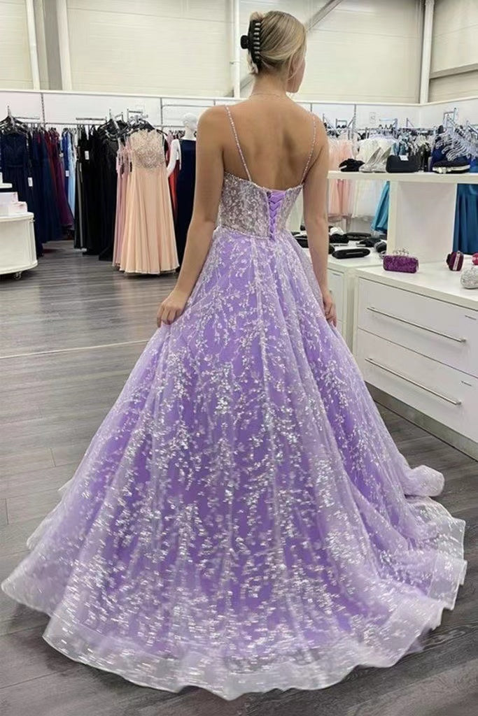 Spaghetti Straps Light Purple Long Prom Dresses, A-line 2022 Lace Prom Dresses, Girl Graduation Party Dresses