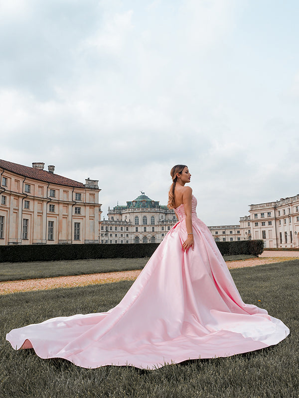 Sweetheart Pink Color Wedding Dresses, A-line Satin Lace Bridal Gowns, Newest Long Prom Dresses