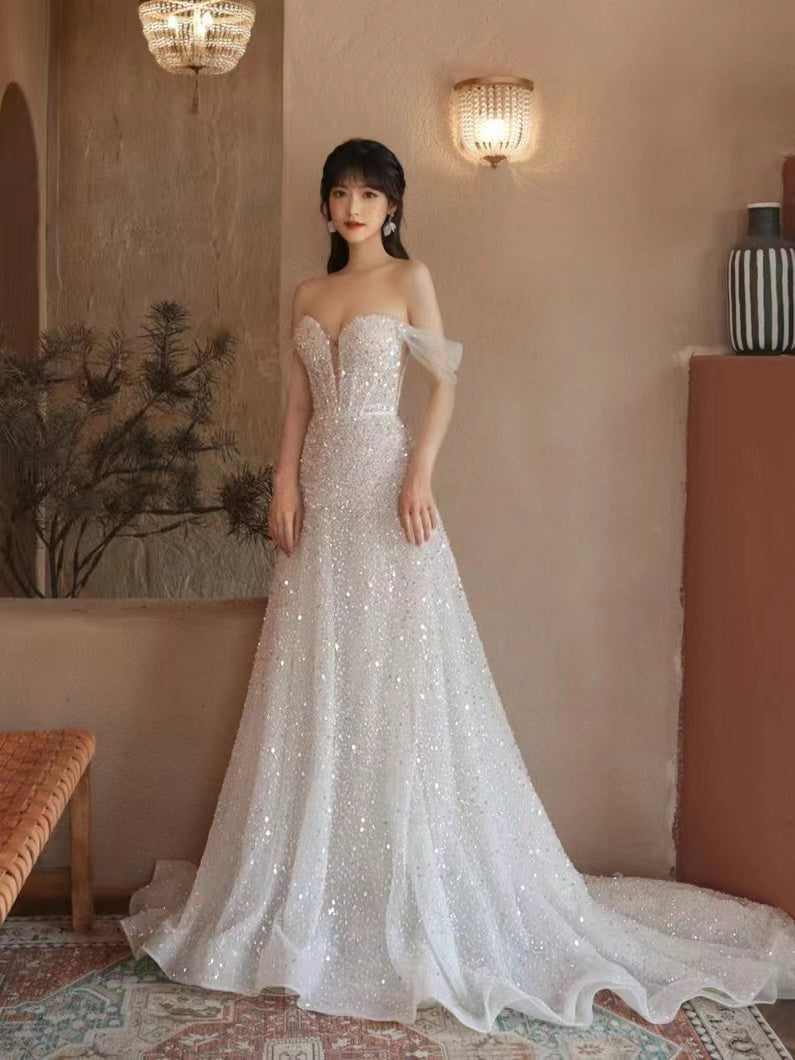 Off The Shoulder Shiny Wedding Dresses, A-line Popular Bridal Gowns, Newest Bling Wedding Gowns