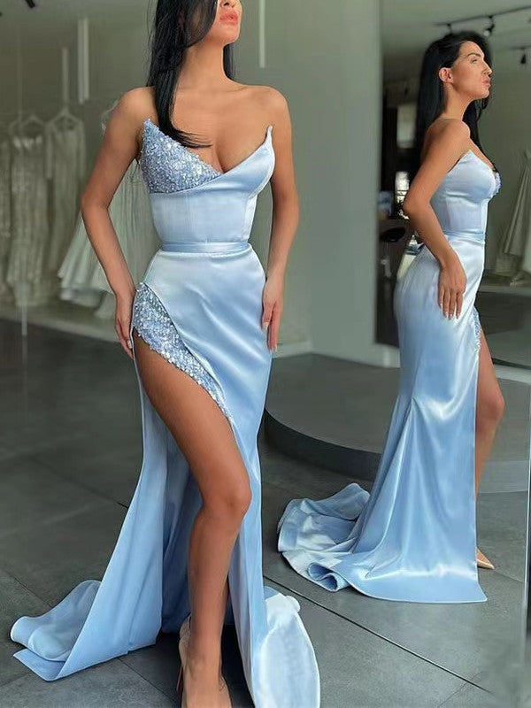 Strapless Sexy Long Prom Dresses, High Side Slit Sequins Prom Dresses, Newest Bridesmaid Dresses