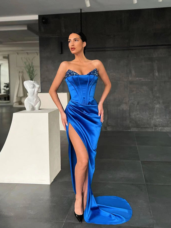 High Side Slit Sexy Long Prom Dresses, Strapless Evening Dresses, Newest 2022 Long Prom Dresses