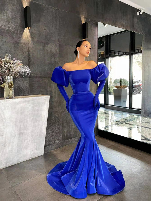 Bubble Sleeves Royal Blue Long Prom Dresses, Popular Mermaid 2022 Prom Dresses, Newest Evening Dresses