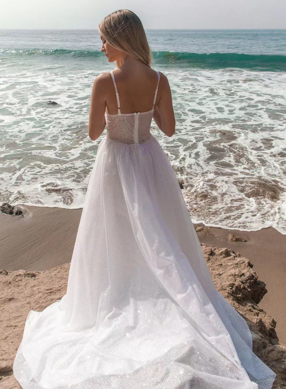 Spaghetti Straps Shiny Long Prom Dresses, A-line Beach Wedding Dresses, Glitter Wedding Guest Dresses
