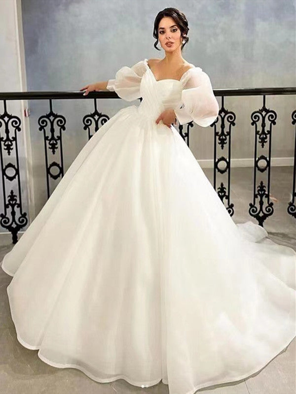 A-line Pluffy Popular Bridal Gowns, Newest 2022 Wedding Dresses, Bubble Sleeves Wedding Gowns