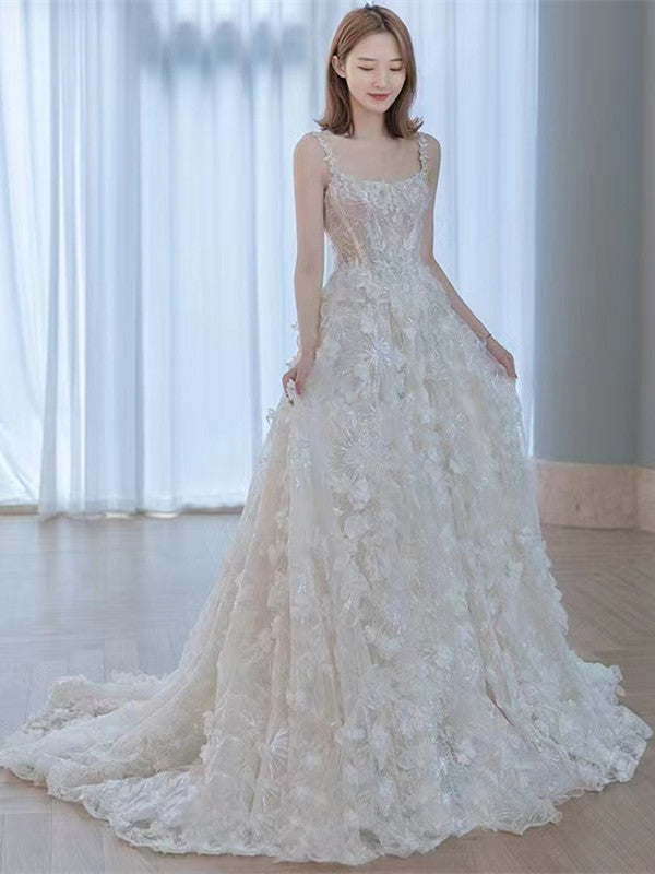 3D Floral A-line Wedding Dresses, Elegant Flower Bridal Gowns, Newest Lace Wedding Gowns