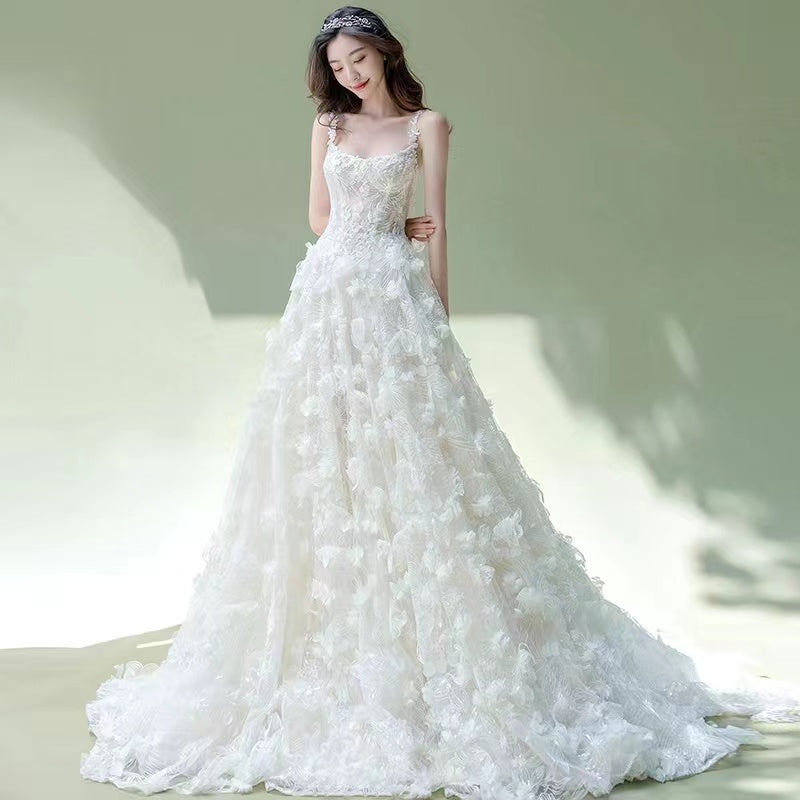 3D Floral A-line Wedding Dresses, Elegant Flower Bridal Gowns, Newest Lace Wedding Gowns