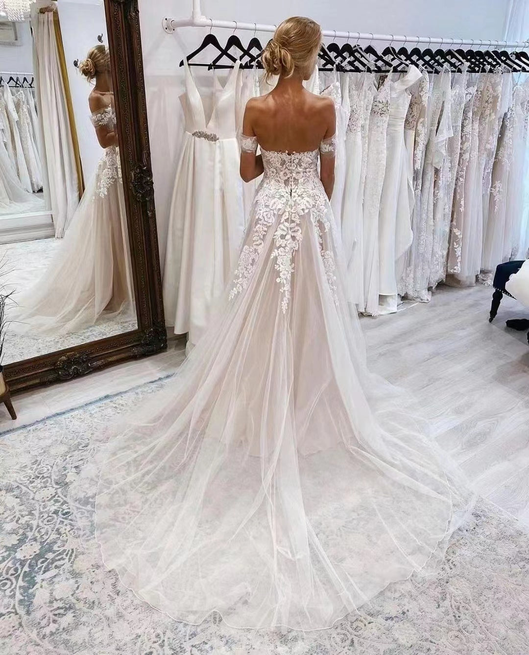 Elegant Off Shoulder Tulle Wedding Dresses, Lace Design A-line Wedding Dresses, Newest Tulle Wedding Dresses