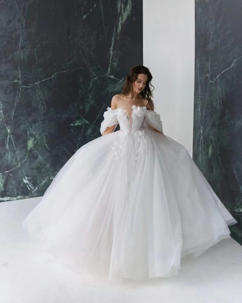 A-line Tulle Long Wedding Dresses, Appliques Off The Shoulder Bridal Gowns, Wedding Dresses