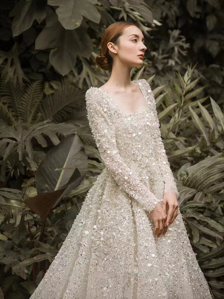 Square Neckline Sequins Bridal Gowns, Shiny Beaded Long Wedding Dresses, 2022 Popular Wedding Dresses