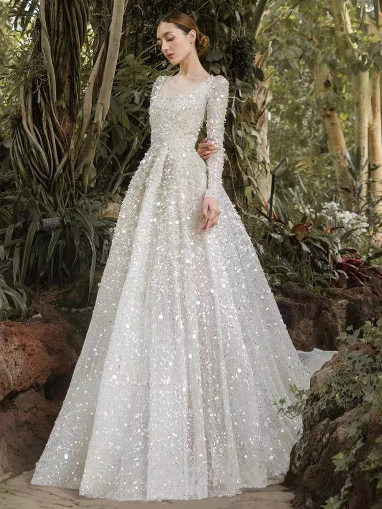Square Neckline Sequins Bridal Gowns, Shiny Beaded Long Wedding Dresses, 2022 Popular Wedding Dresses