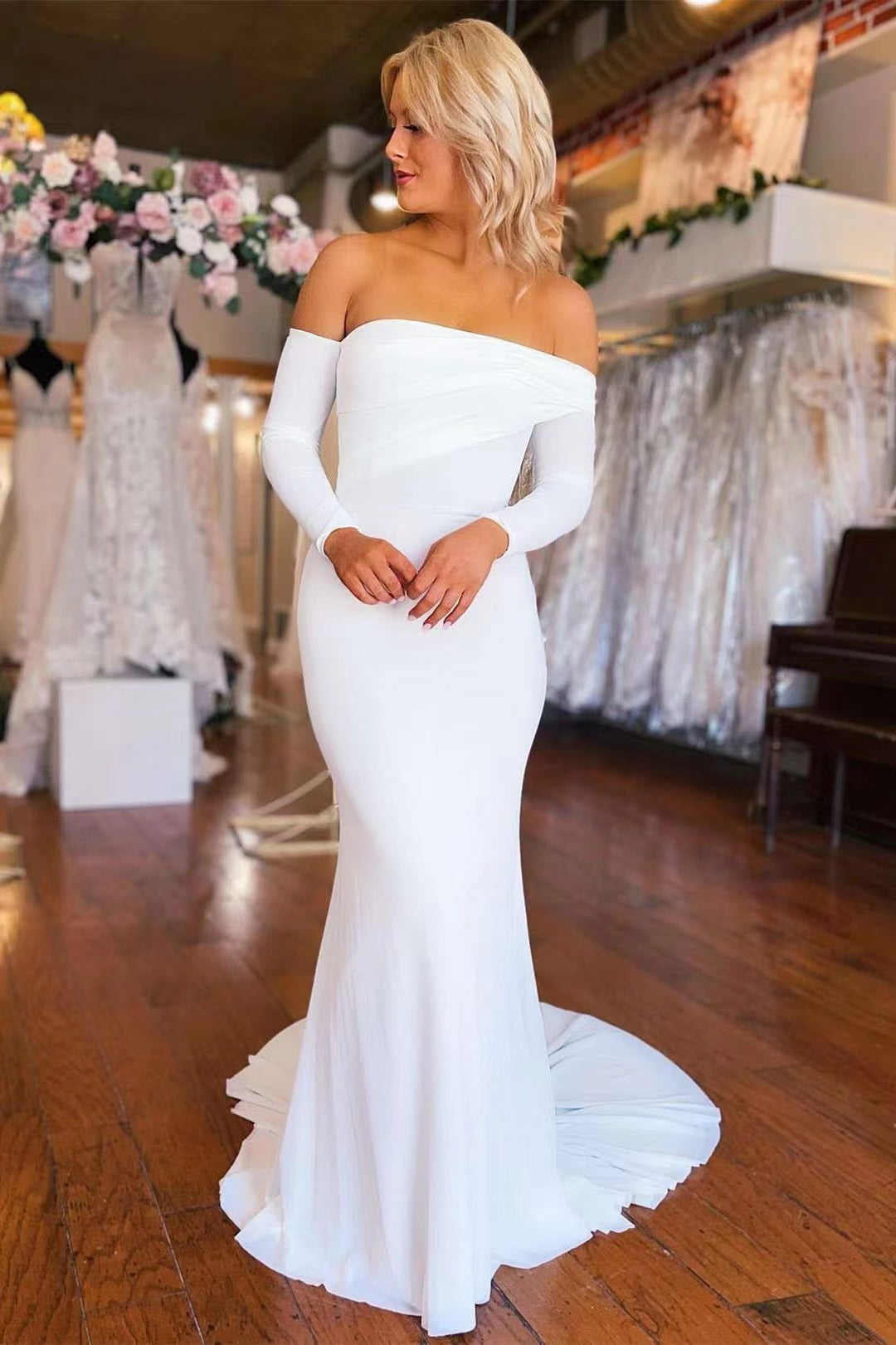 Long Sleeves Mermaid Wedding Dresses, Simple Design Bridal Gowns, Popukar Wedding Dresses