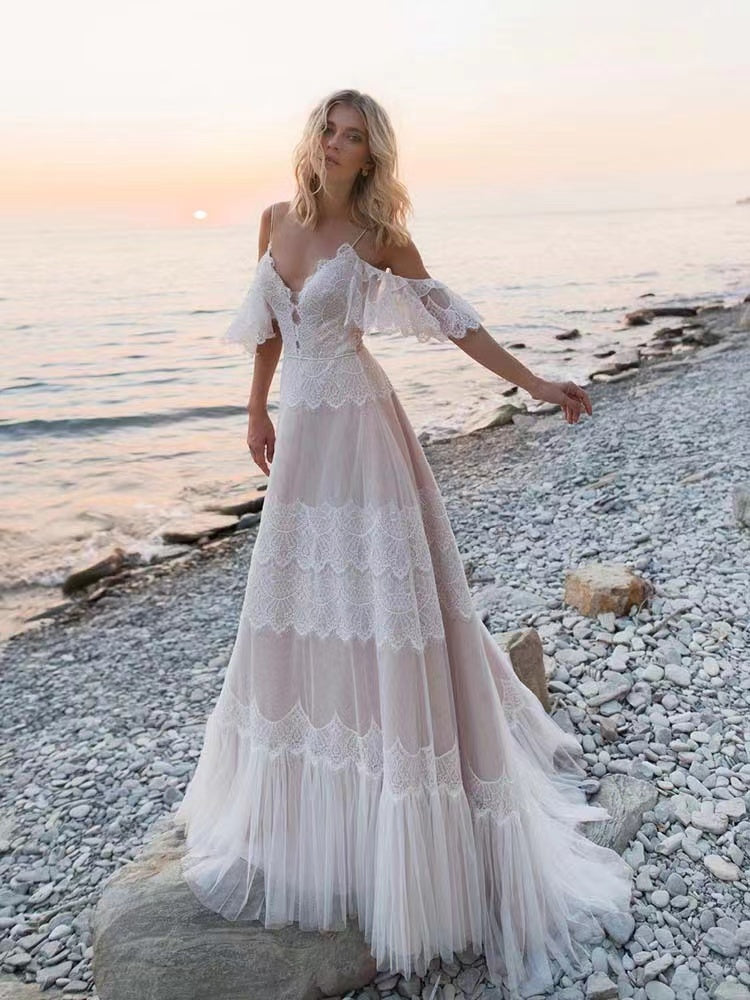 Spaghetti Straps Beach A-line Wedding Dresses, Newest Lace Bridal Gowns, Popular Wedding Dresses