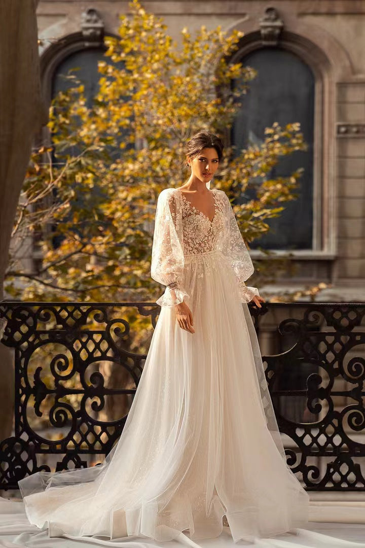 Long Sleeves Lace Wedding Dresses, Elegant V-neck Bridal Gowns, Newest Popular Wedding Gowns