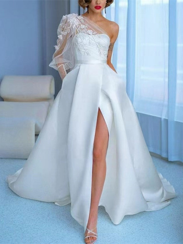 Newest One Shoulder Bridal Gowns, A-line Wedding Dresses, Lace Fashion Wedding Dresses