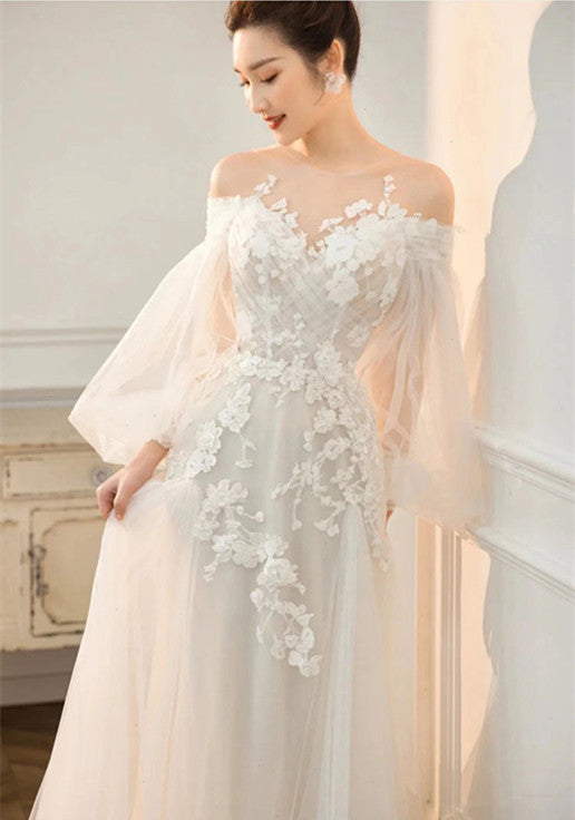 A-line Popular Wedding Gowns, Long Sleeves Lace Bridal Gowns, Newest Wedding Dresses