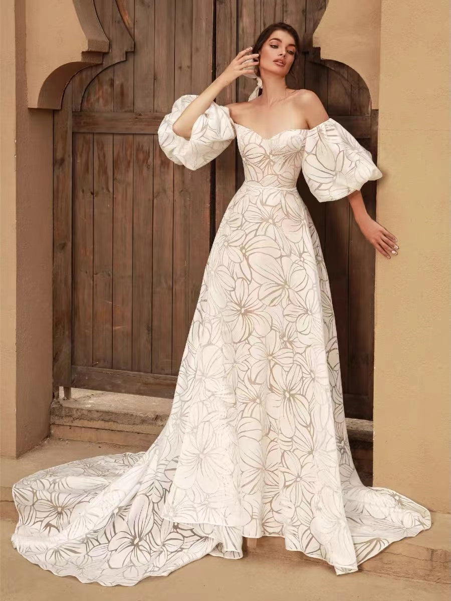 Newest Bubble Sleeves Long Prom Dresses, A-line Elegant Wedding Dresses, Appliques Wedding Dresses