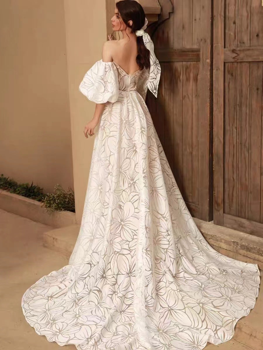 Newest Bubble Sleeves Long Prom Dresses, A-line Elegant Wedding Dresses, Appliques Wedding Dresses