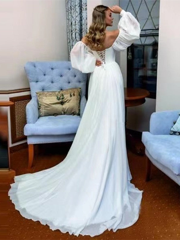 Long Bubble Sleeves Wedding Dresses, A-line Fashion Bridal Gowns, Simple Newest Chiffon Wedding Dresses