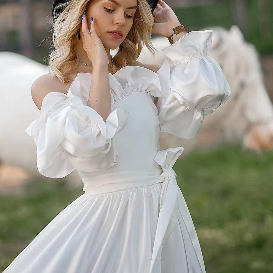 High Low Outdoor Wedding Dresses, Off The Shoulder Long Bridal Gowns, A-line Newest Wedding Dresses