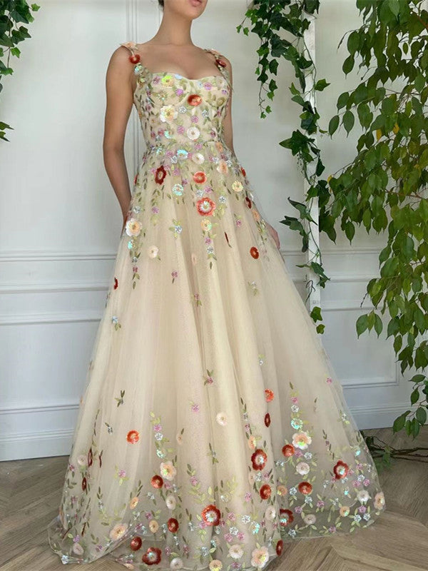 Popular Sweetheart A-line Prom Dresses, Floral Newest 2023 Long Prom Dresses, Appliques Party Dresses
