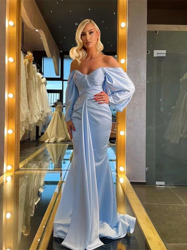Baby Blue Off The Shoulder Party Dressses, 2023 Newest Long Prom Dresses, Occasion Dresses