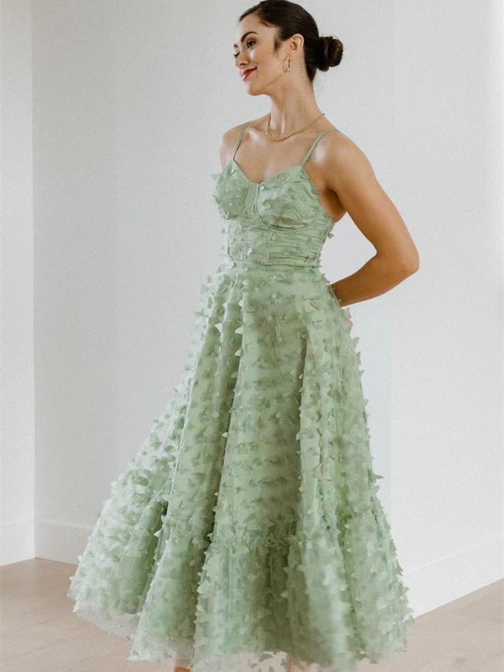 Spaghetti Sage Green 3D Butterflies Tea Length Prom Dresses, A-line Prom Dresses, Newest Prom Dresses, Affordable Prom Dresses, Party Dresses