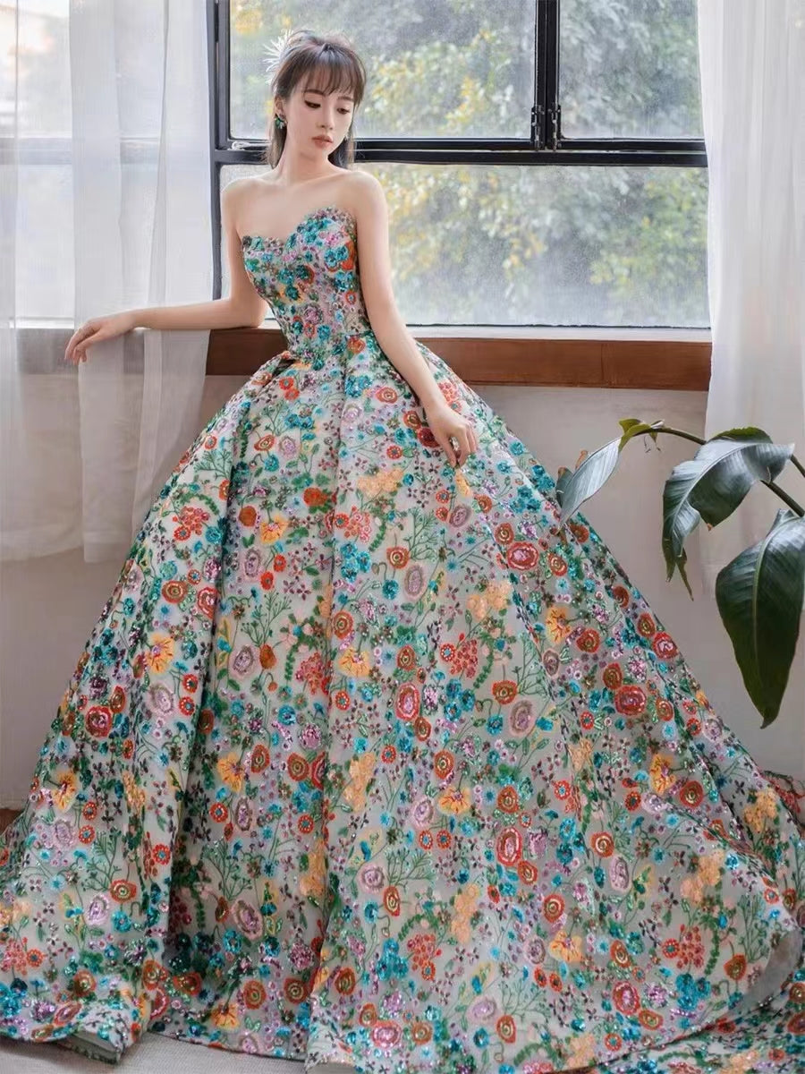 Sweetheart Floral Sequin Beaded Prom Dresses, Unique Wedding Dresses, Bridal Gown, Newest Prom Dresses