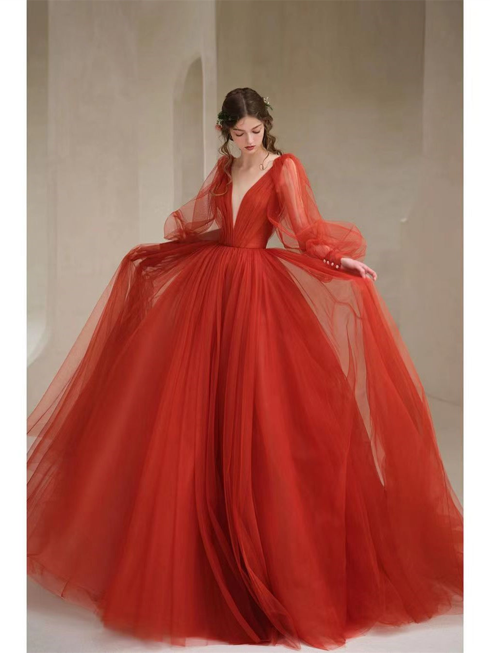 Plunge V-neck Red Tulle Princess Dresses, A-line Prom Dresses, Bubble Sleeves Prom Dresses