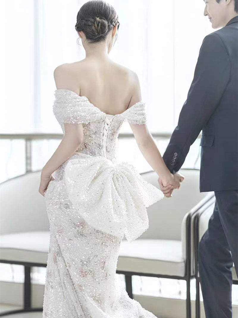 Off Shoulder A-line Floral Beaded Wedding Dresses, Newest Bridal Gown, Unique Wedding Dresses