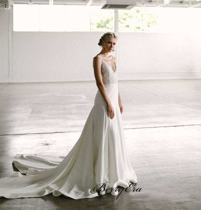 Spaghetti Straps Lace Wedding Dresses, Simple A-line Wedding Dresses