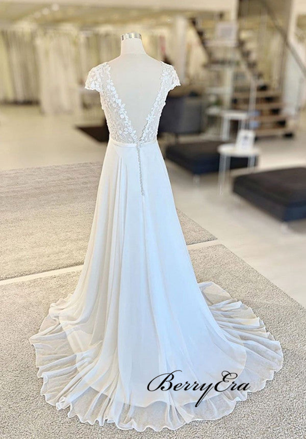 Lace V-neck Wedding Dresses, Chiffon A-line Bridal Gowns, New Trendy Wedding Dresses