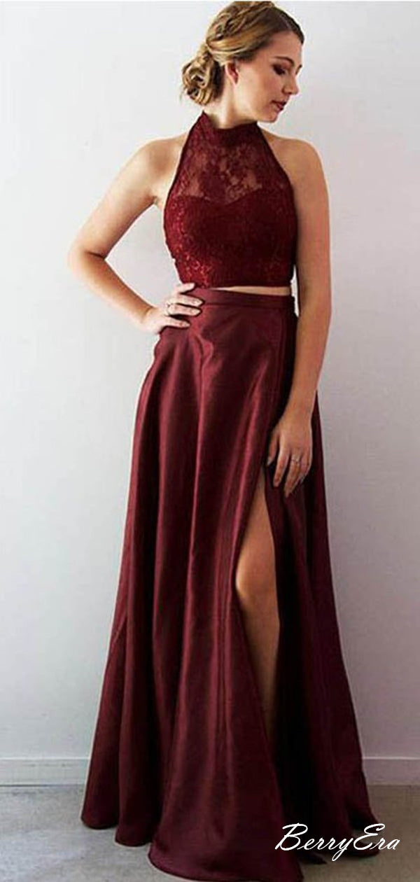 Burgundy Prom Dresses, Two Pieces Long Prom Dresses, Lace Prom Dresses