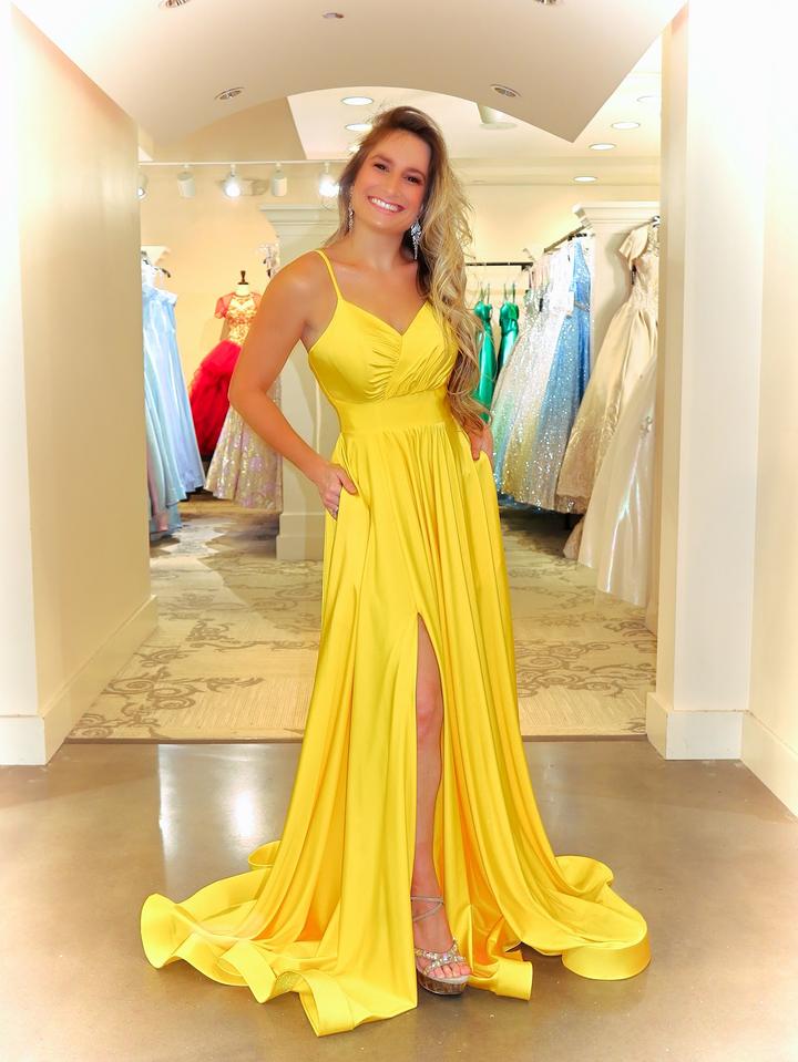 Spaghetti Long A-line Yellow Elastic Satin Prom Dresses, Simple 2021 Prom Dresses, Popular Prom Dresses