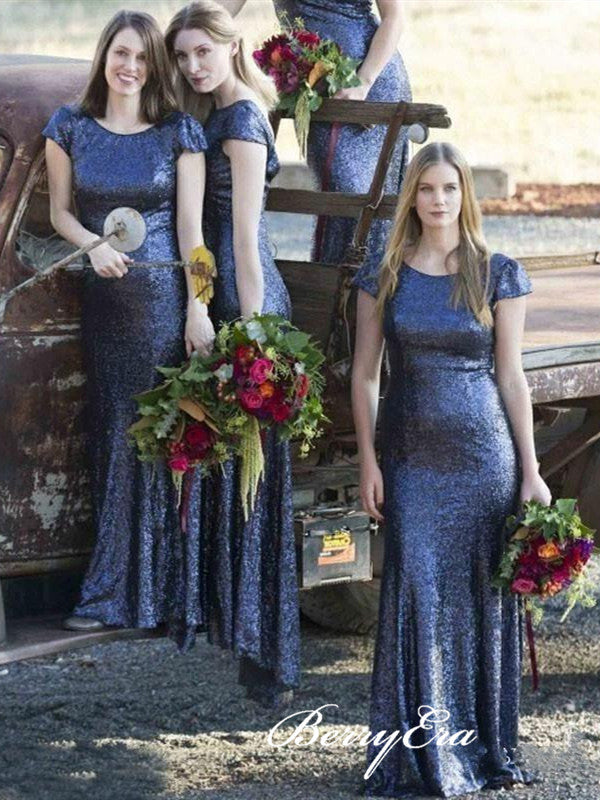 Cap Sleeves Sequins Bridesmaid Dresses, Mermaid Bridesmaid Dresses