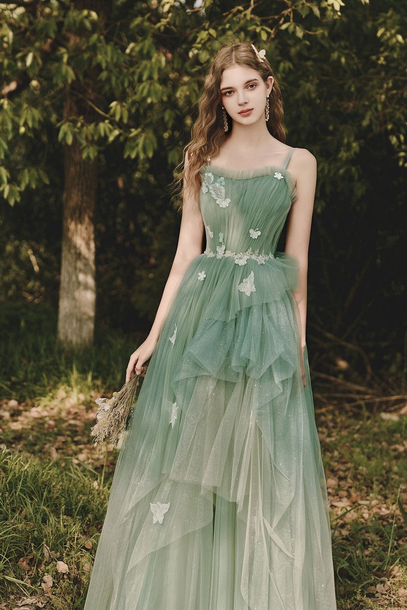 Straps Green Sequin Tulle Prom Dresses, A-line Prom Dresses, 2021 Prom Dresses, Cheap Prom Dresses, Long Prom Dresses