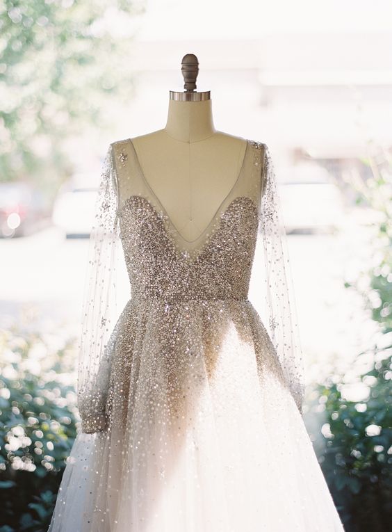 V-neck Light Grey Sequin Tulle Wedding Dresses, Long Sleeves Wedding Dresses, Open Back Bridal Gown