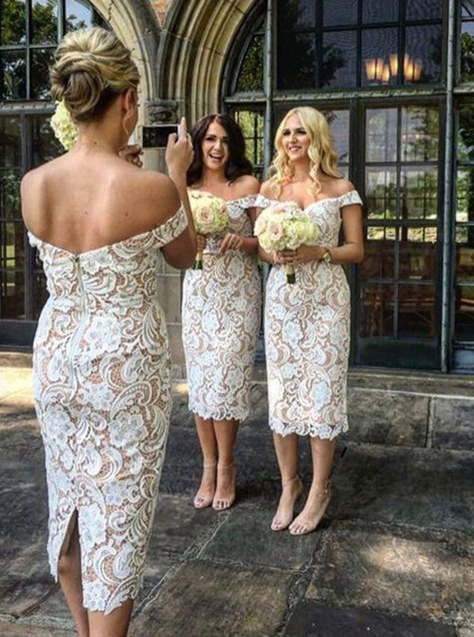 Off Shoulder Long Sheath Lace Bridesmaid Dresss, Short Bridesmaid Dresses