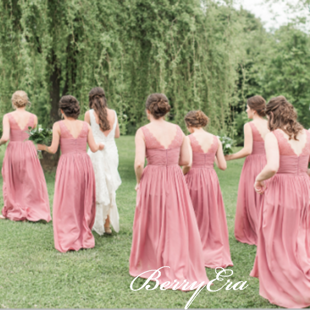 V-neck Dusty Rose Lace Chiffon A-line Bridesmaid Dresses