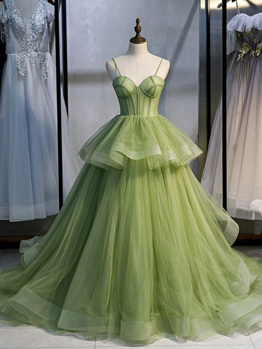 Spaghetti Long A-line Prom Gown, Green Tulle Long Prom Dresses, Newest Prom Dresses, 2021 Prom Dresses