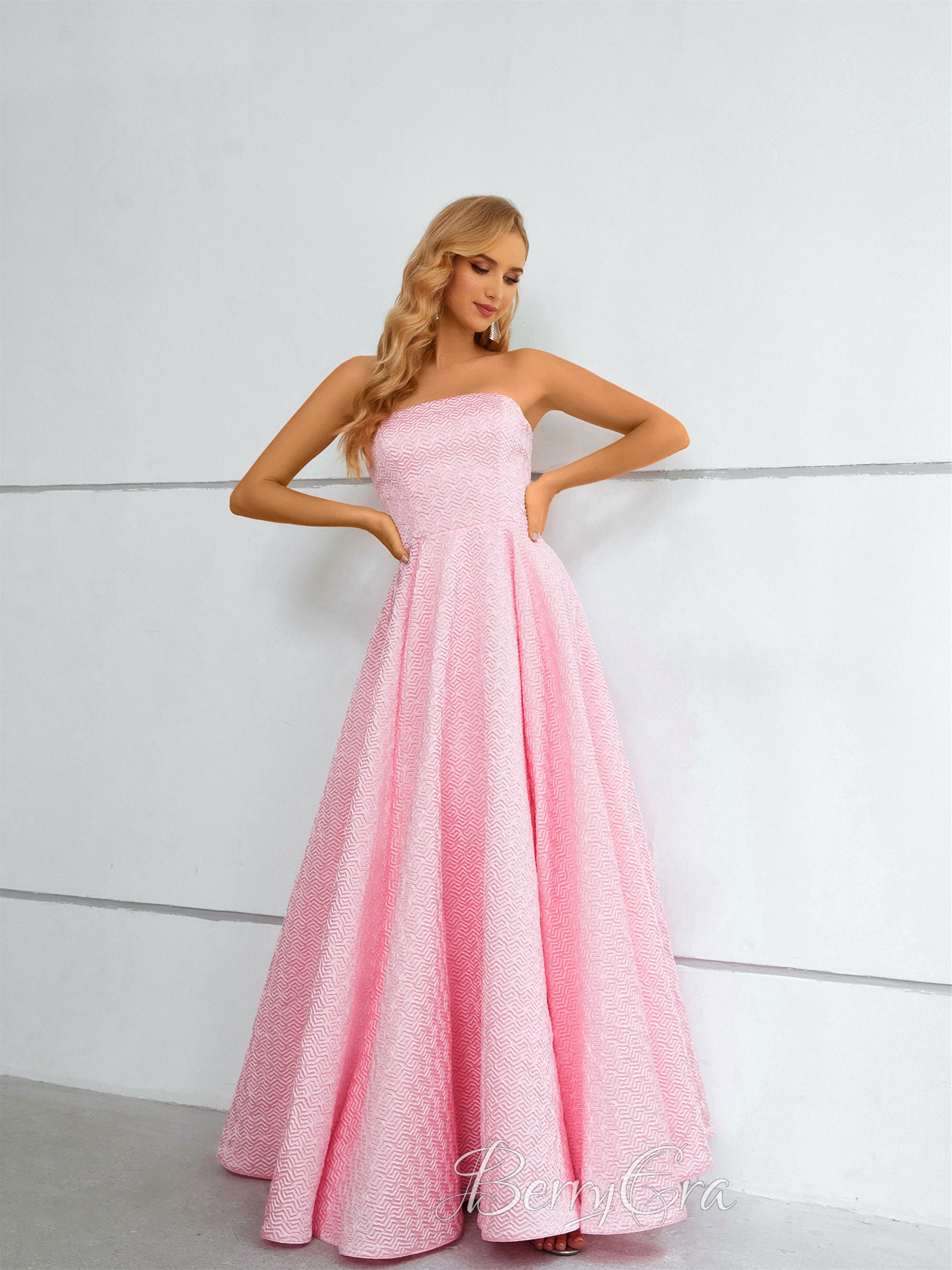 Pink Printed Satin A-line Prom Dresses, Simple Prom Dresses, Graduation Party Dresses, 2023 Prom Dresses