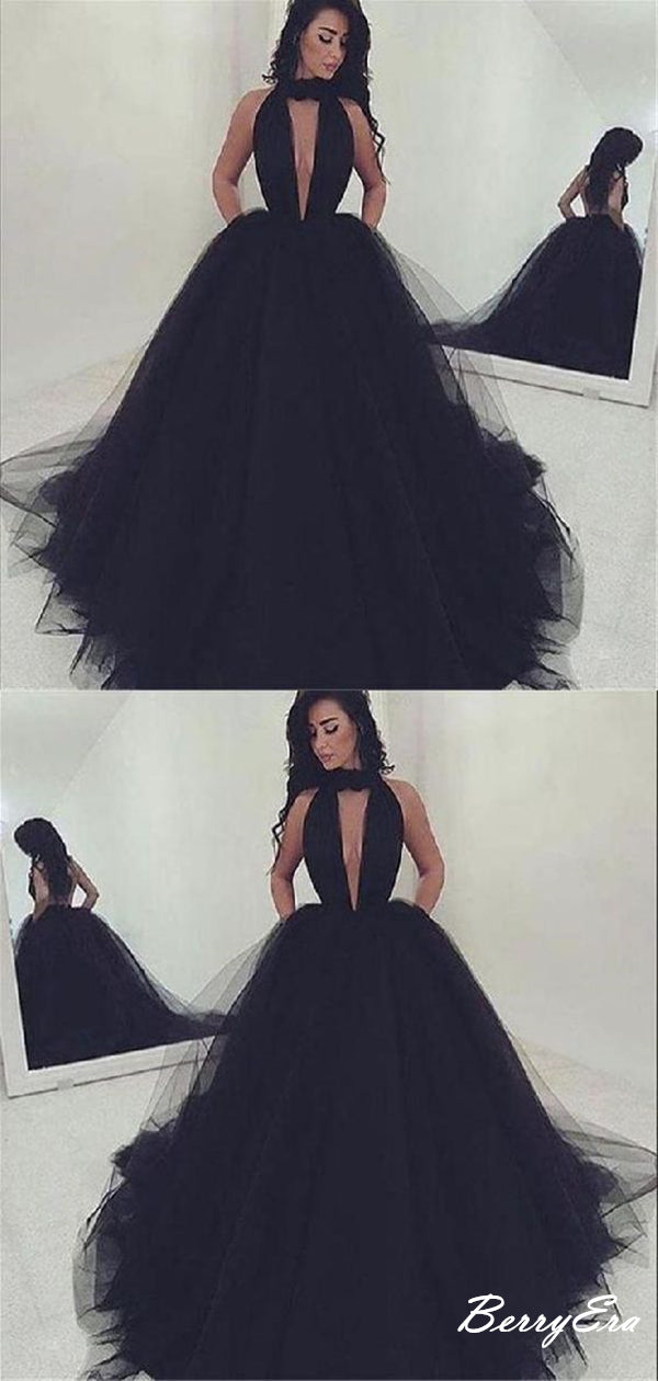 Backless Black Modest Halter A-line Tulle Prom Dresses, Cheap Prom Dress