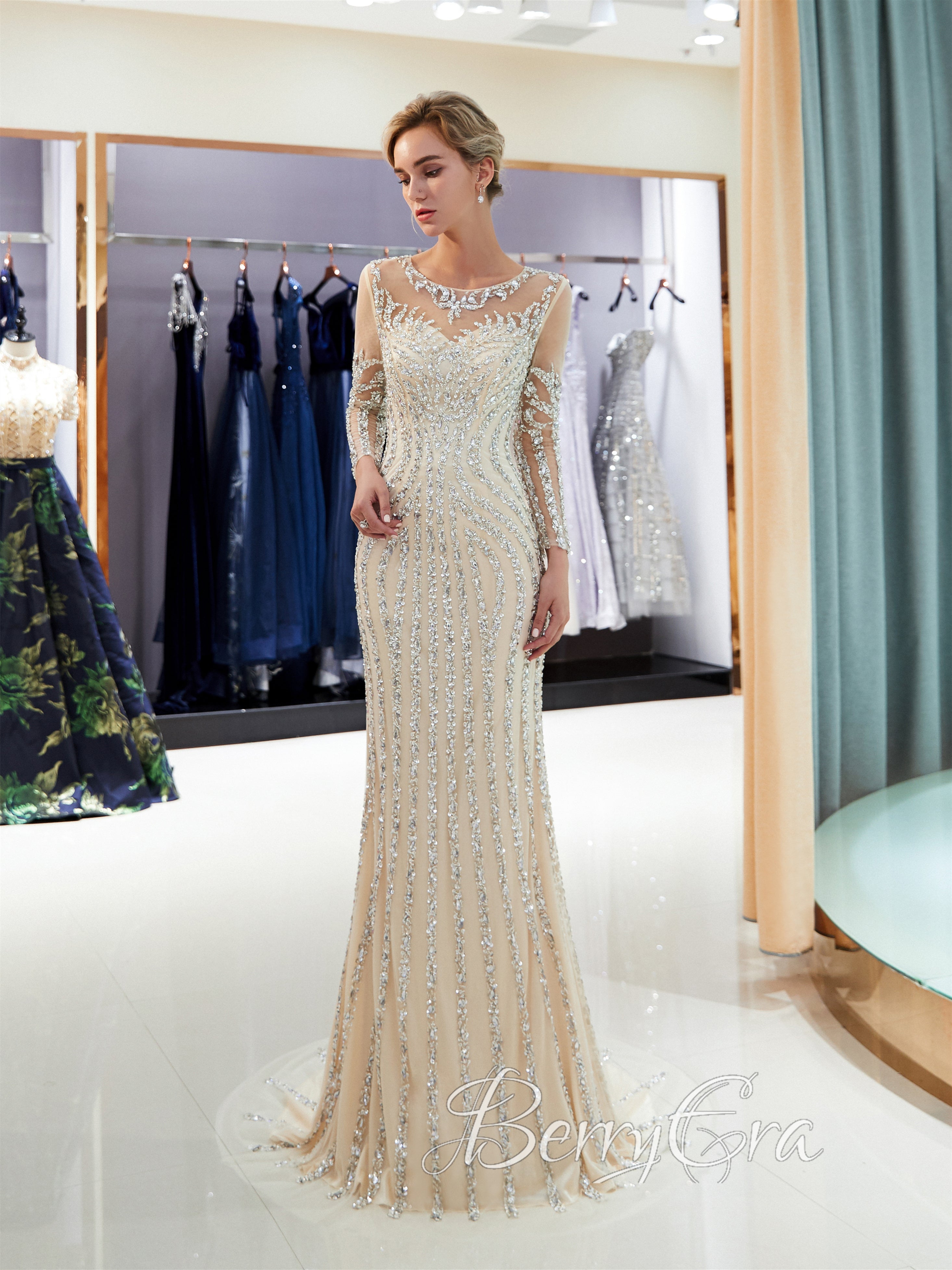 Luxury Beaded Mermaid Prom Dresses, Long Sleeves Prom Dresses, 2023 Prom Dresses, Evening Dresses
