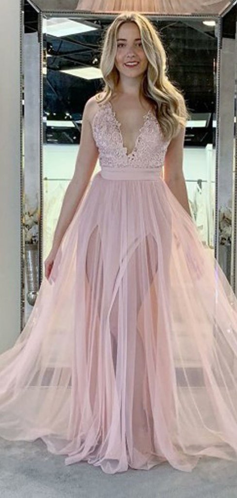 V-neck Blush Pink Lace Tulle Prom Dresses