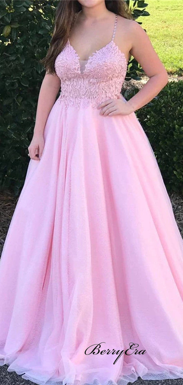 Pink Straps Long Prom Dresses, Lace Prom Dresses, A-line Prom Dresses