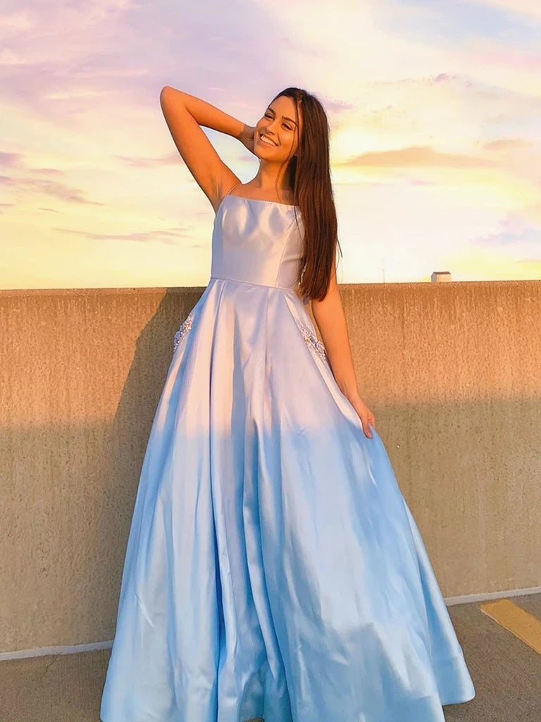 Lovely Light Blue Satin Prom Dresses With Pockets, 2020 Popular Prom Dresses, A-line Prom Dresses, Affordable Prom Dresses