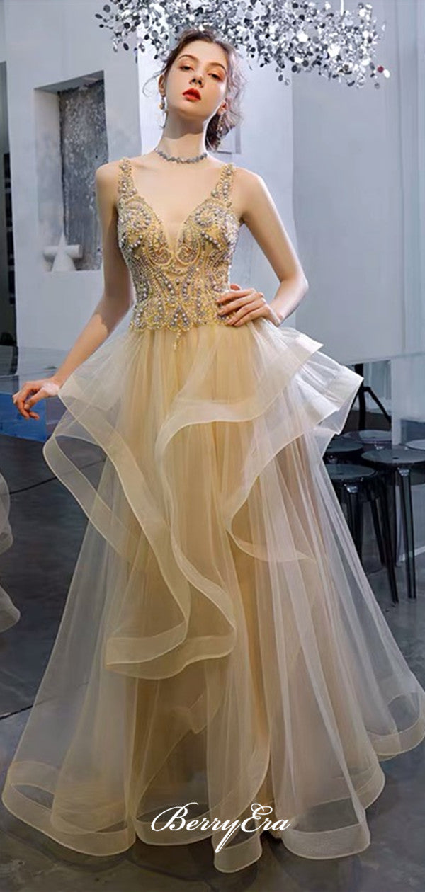 V-neck Beaded Long Prom Dresses, Unique Tulle A-line Prom Dresses 2020