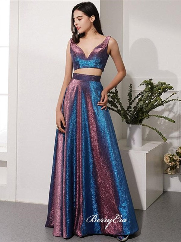 Two Pieces Shemmering Long Prom Dresses, Fancy 2020 Newest Prom Dresses