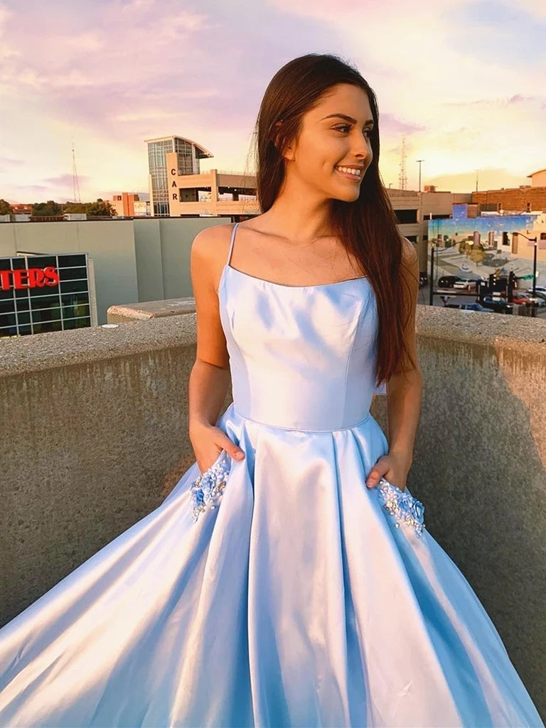 Lovely Light Blue Satin Prom Dresses With Pockets, 2020 Popular Prom Dresses, A-line Prom Dresses, Affordable Prom Dresses