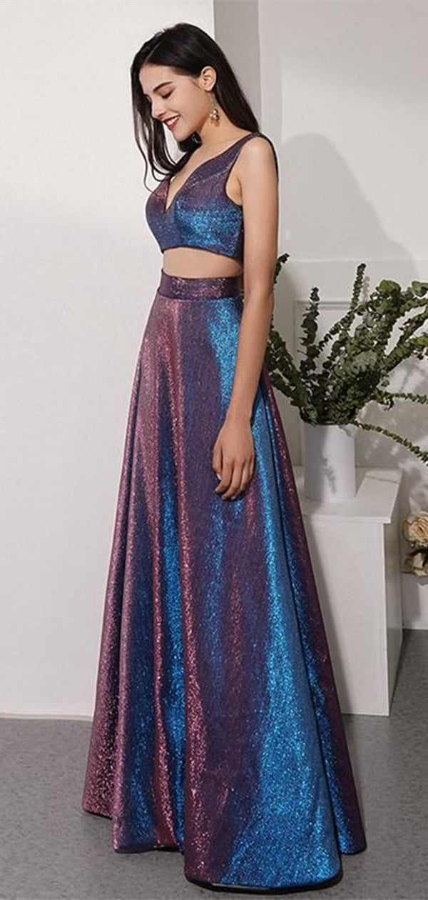 Two Pieces Shemmering Long Prom Dresses, Fancy 2020 Newest Prom Dresses