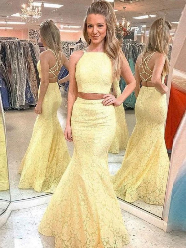 Two Pieces Lace Prom Dresses Long, Mermaid Prom Dresses, 2020 Prom Dresses